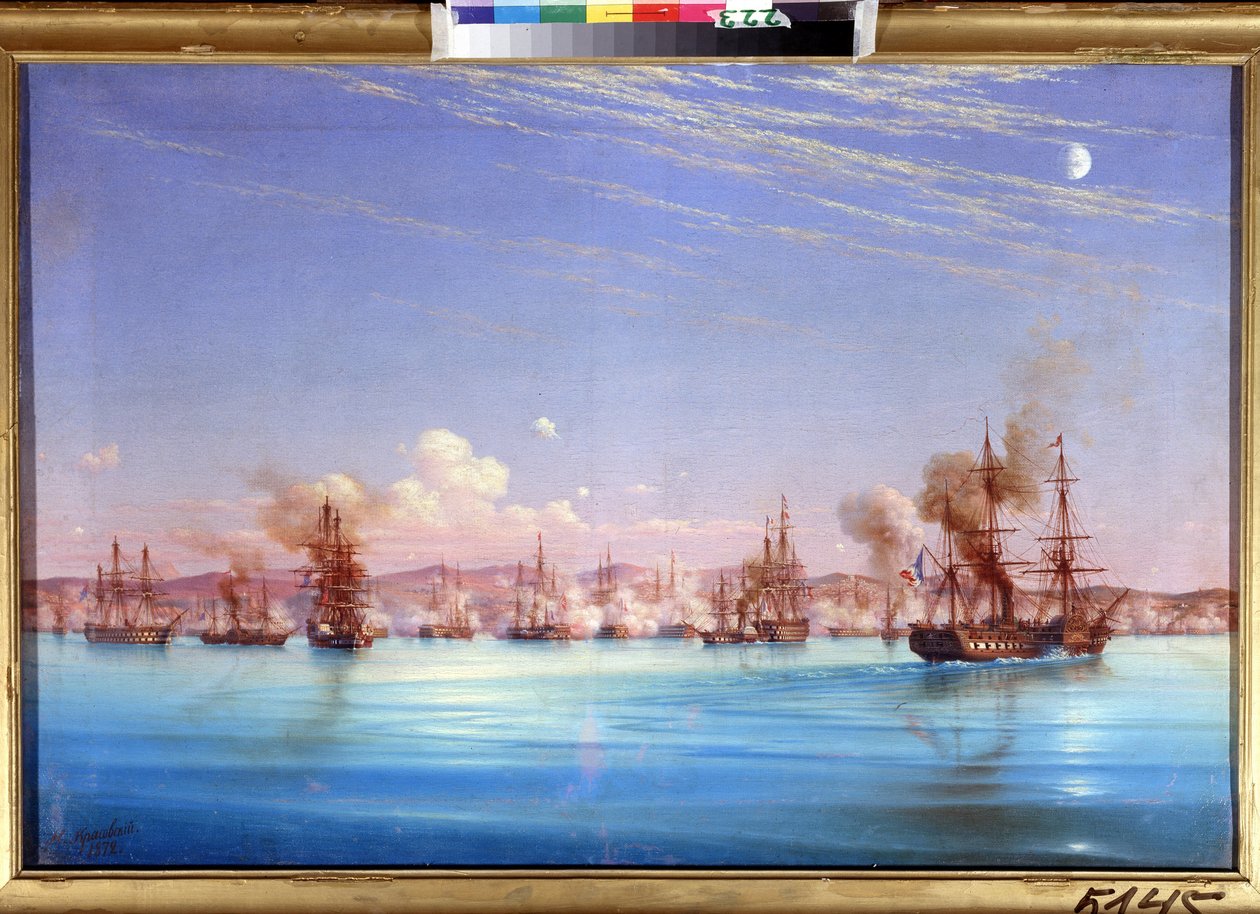 Sebastopol bombázása a francia-brit század 1854-ben. (Szevasztopol bombázása a brit francia osztagtól 1854-ben). A város ostromának epizódja 1854-től 1855-ig, az oszmán birodalmak koalíciója közötti krími háború idején, f alkotó: Nikolai Pavlovich Krasovsky