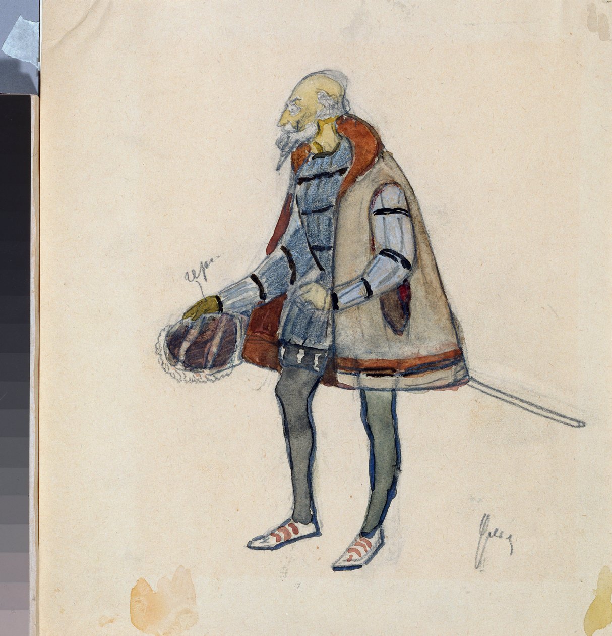 Előkészítő jelmez, a fösvény lovag Alekszandr Puskin (1799-1837) "A vadlovag" című színházi darabjához (A Puskin A fösvény lovag című színházi darabjához jelmeztervezés) - Nyikolaj Pavlovics Uljanov (Uljanov) munkája ( 1875-1949), cra alkotó: Nikolai Pavlovich Ulyanov