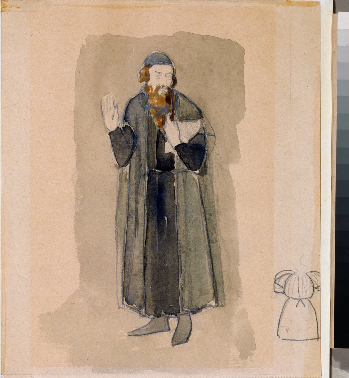 Előkészítő jelmez, az uzsorás Alekszandr Puskin (1799-1837) "Az avare lovag" című színházi darabjához (A Puskin A fösvény lovag című színházi darab jelmezterve) - Nyikolaj Pavlovics Uljanov (Uljanov) munkája (1875) -1949), ceruza és alkotó: Nikolai Pavlovich Ulyanov
