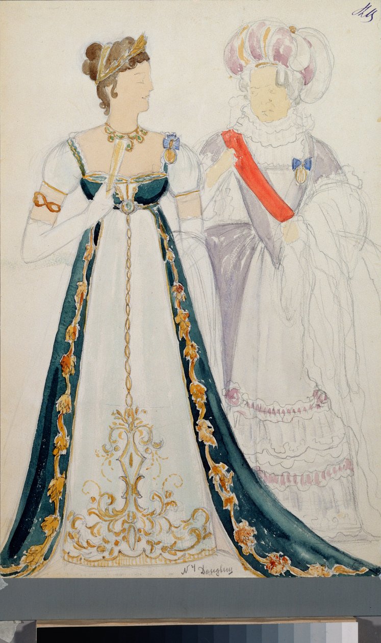 Előkészítő jelmezek, két nő, Piotr Csajkovszkij (1840-1893) "Eugene Oneguine"" című operájához, ceruza és akvarell papíron alkotó: Nikolai Pavlovich Ulyanov