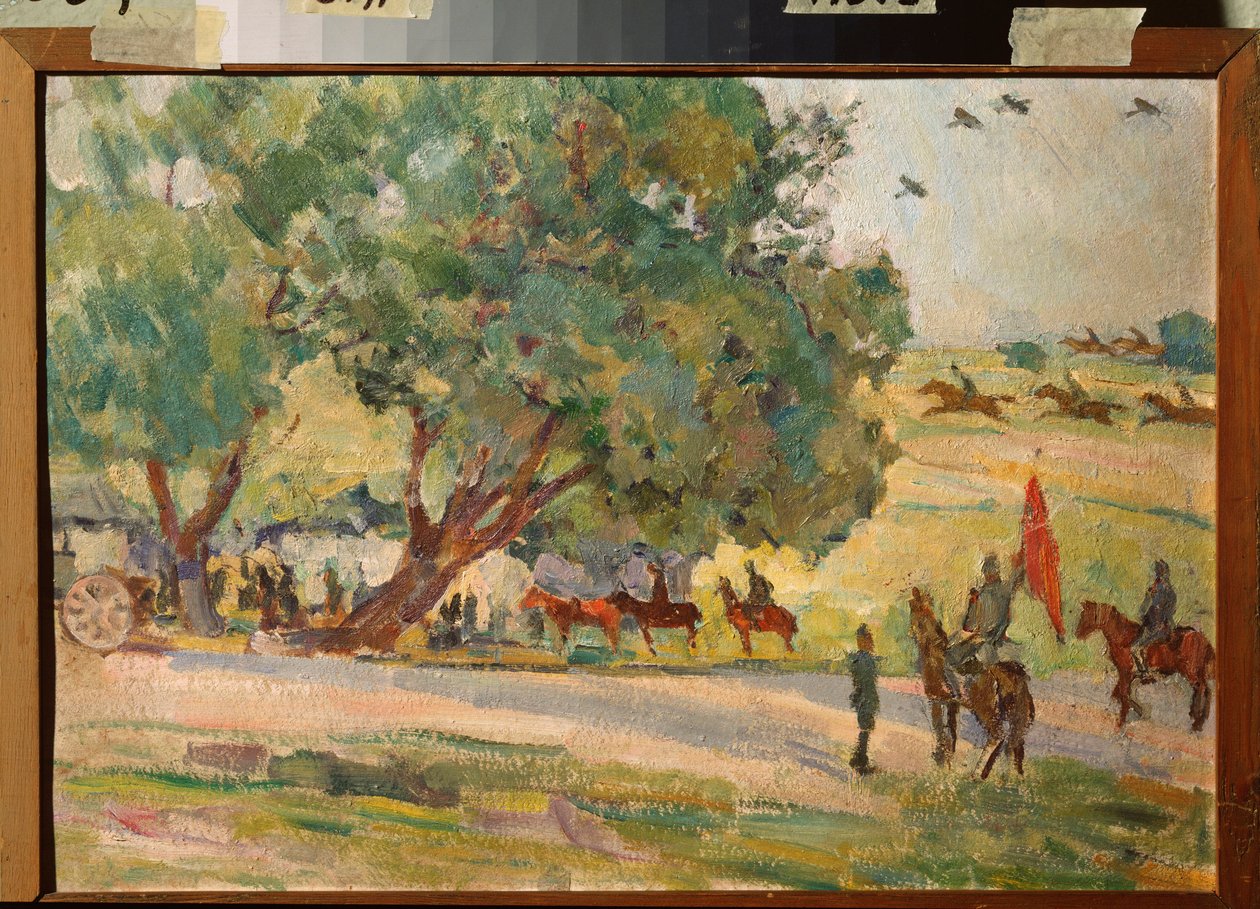 Katonai manőverek Moszkva környékén (Manőverek Moszkva közelében) - Nyikolaj Pavlovics Uljanov (Ulianov) (1875-1949) munkája, olaj, karton alkotó: Nikolai Pavlovich Ulyanov