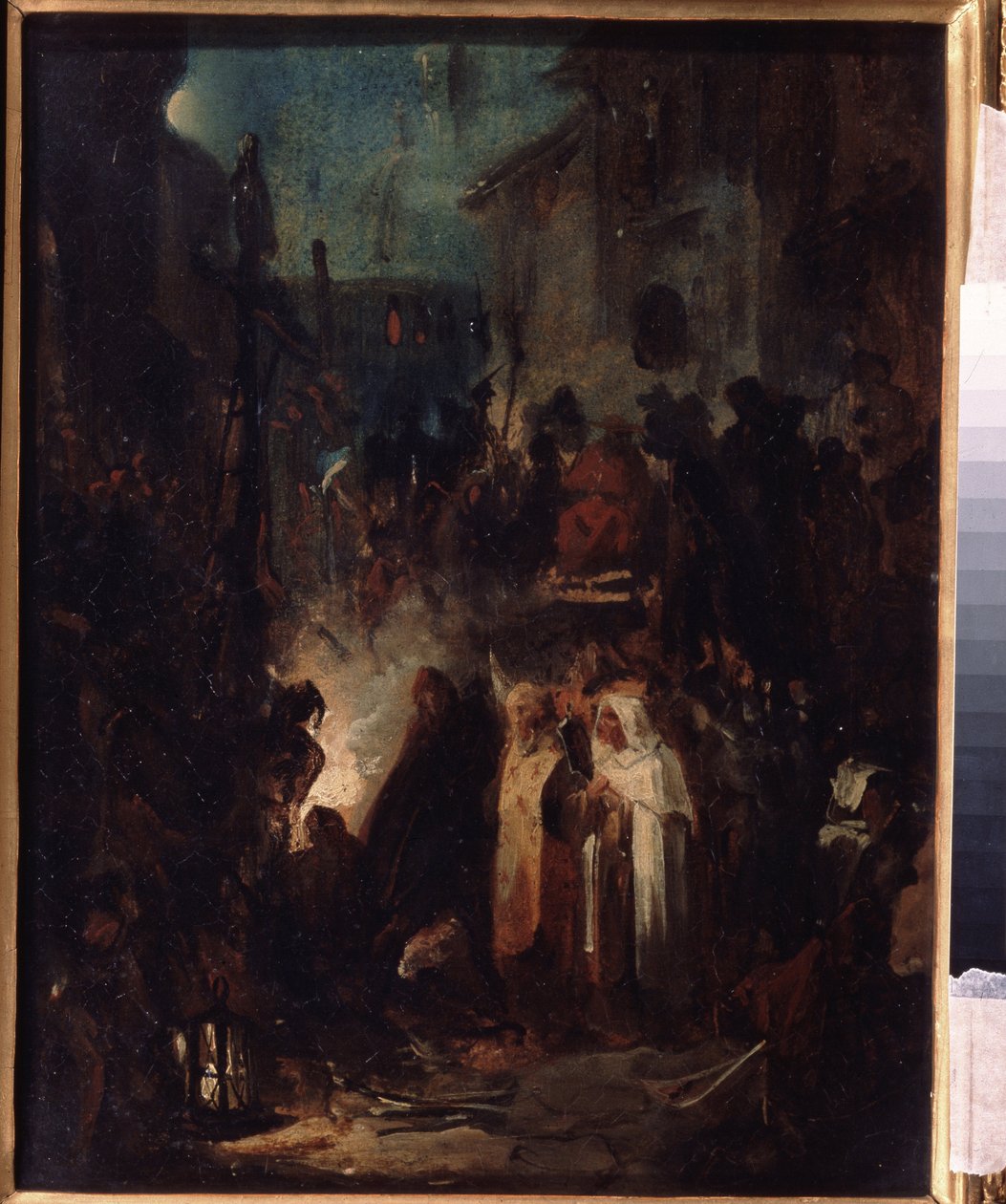 Autodafe (Autodafe). Utcai jelenet, éjszaka az inkvizíciós bíróság ítélete után a tömeg és az egyháziak a tűz köré gyűlnek. Nyikolaj Petrovics Lomtev (1816-1859) munkája, olaj, karton. orosz művészet alkotó: Nikolai Petrovich Lomtev