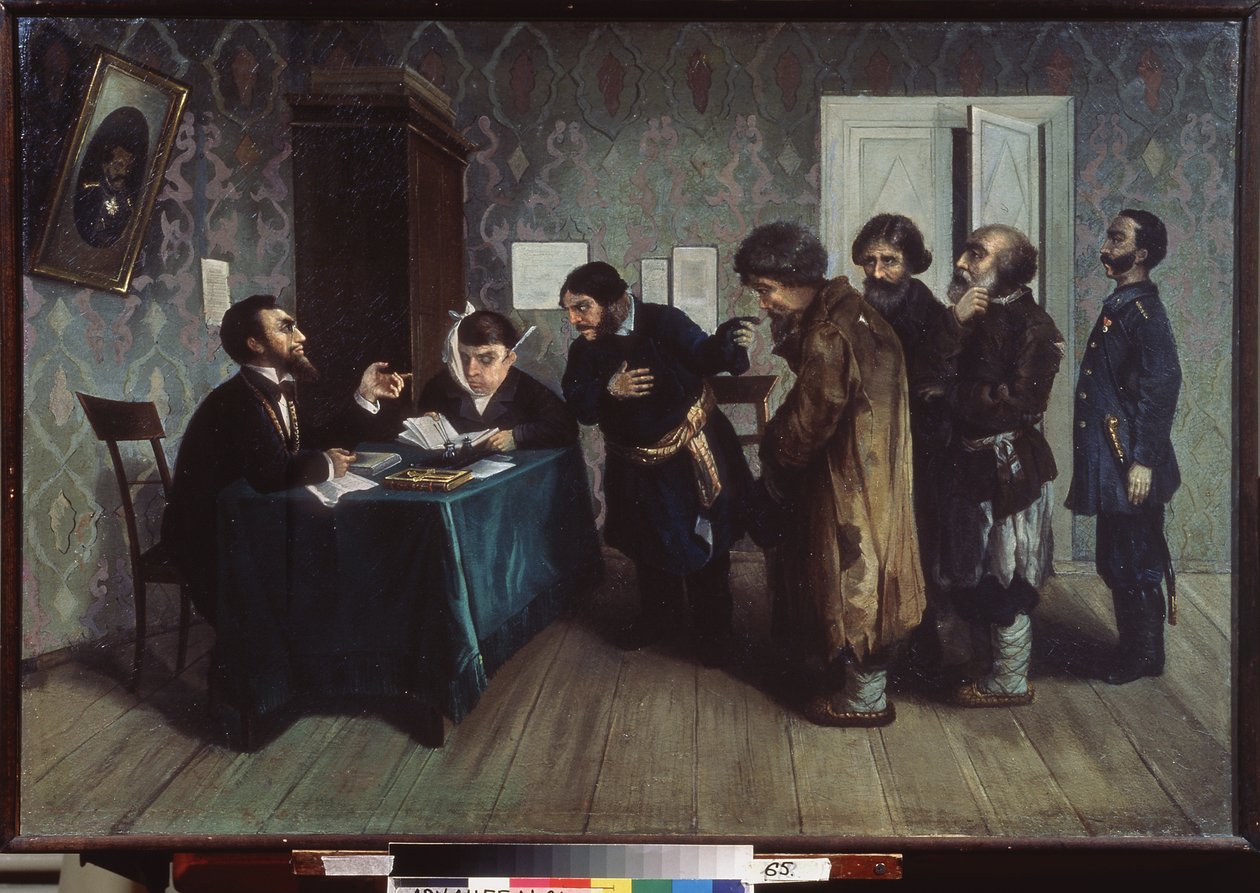 Választottbíróság a tartományokban. Az igazságszolgáltatás napi jelenete. Nyikolaj Petrovics Zagorszkij (1849-1893) festménye, olaj, vászon alkotó: Nikolai Petrovich Zagorsky