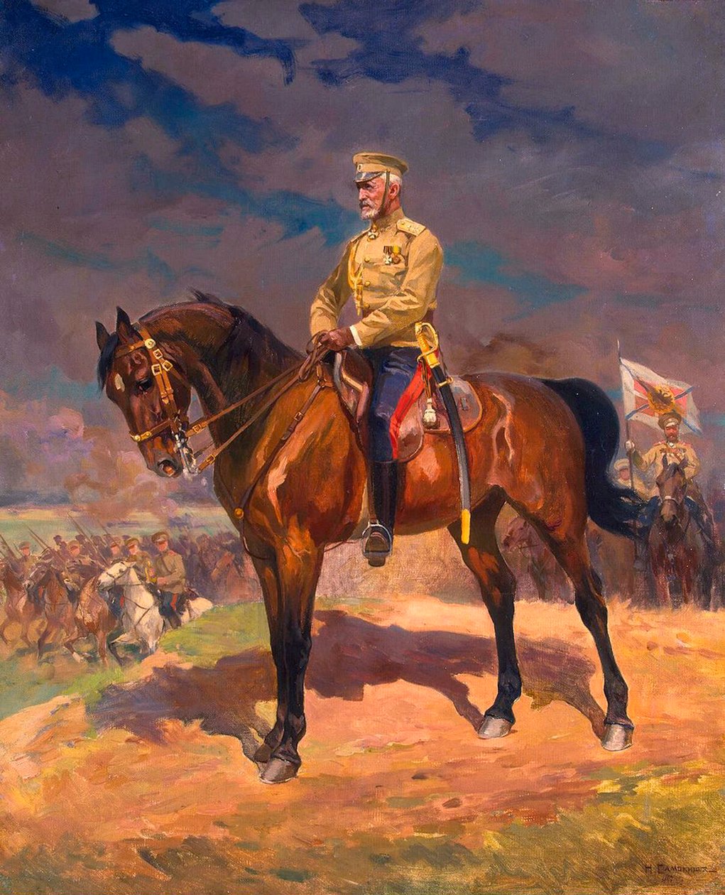 Nyikolaj Nyikolajevics nagyherceg 1856–1929-es portréja lóháton, 1910-es évek. alkotó: Nikolai Semyonovich Samokish