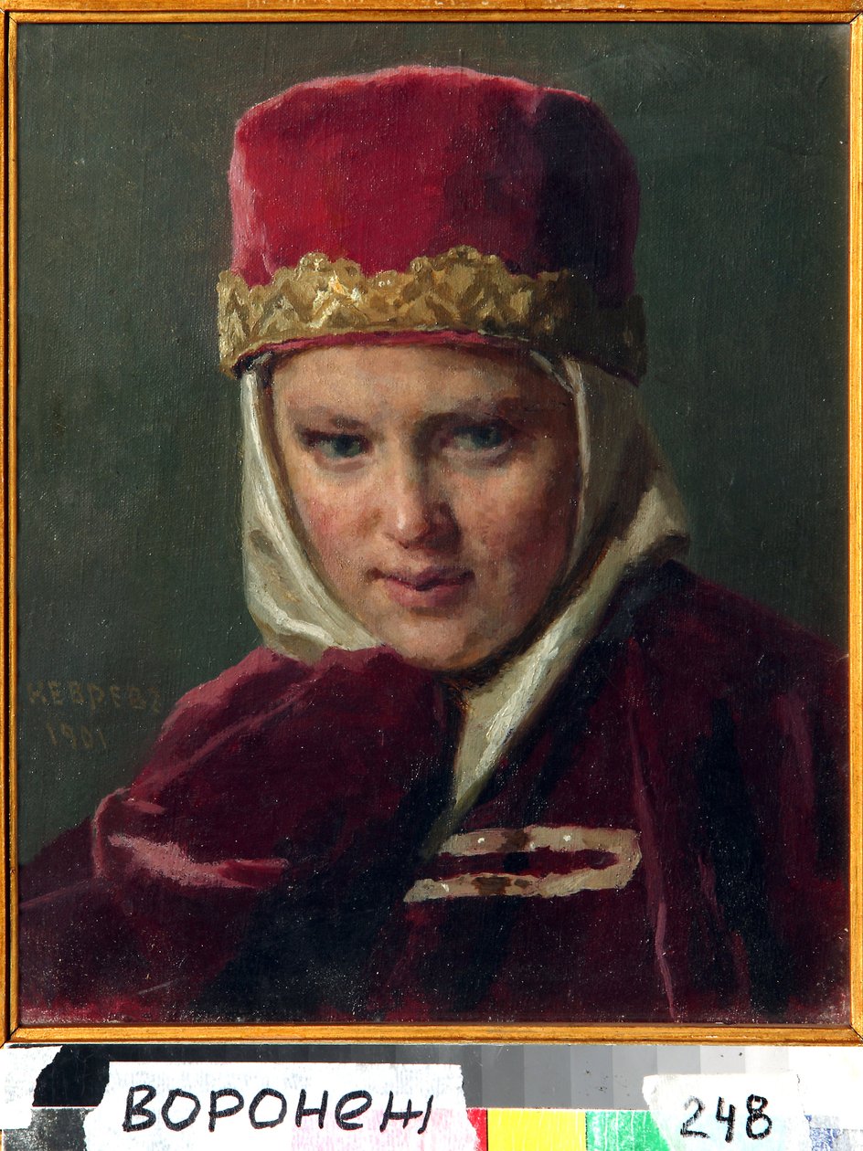 Boyar Woman (boiard, boiar) (Boyar Wife). A régi Oroszország hagyományos ruháit viseli a Moszkvai Nagyhercegségben. Nyikolaj Vasziljevics Nevrev (1830-1904) festménye, olaj, vászon alkotó: Nikolai Vasilievich Nevrev