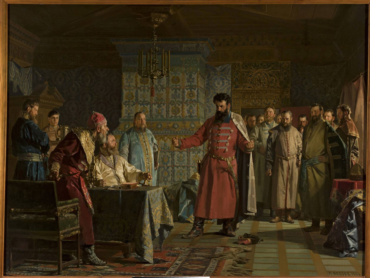 Zaharij Petrovics Ljapunov († 1612) veszekedése Vaszilij Csujszkij cárral (1552-1612) a Kremlben, Nyikolaj Vasziljevics (1830-1904) által. Olajfestmény alkotó: Nikolai Vasilievich Nevrev