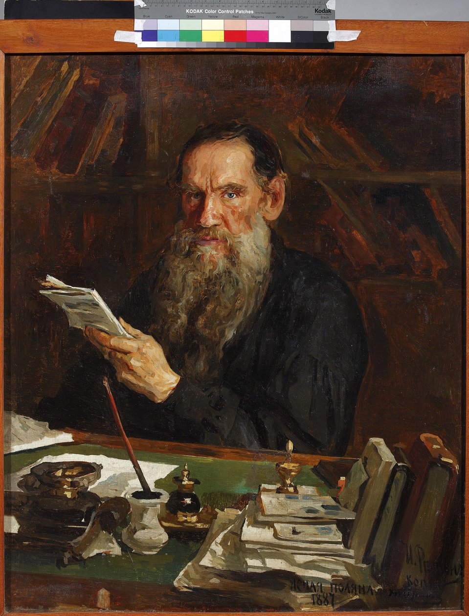 Leon Tolsztoj – Lev Nyikolajevics Tolsztoj gróf (1828-1910) szerző portréja, készítette: Orlow, Nyikolaj Vasziljevics (1863-1924). Olaj, vászon, 19. század vége. Állami Központi Irodalmi Múzeum, Moszkva alkotó: Nikolai Vasilievich Orlow