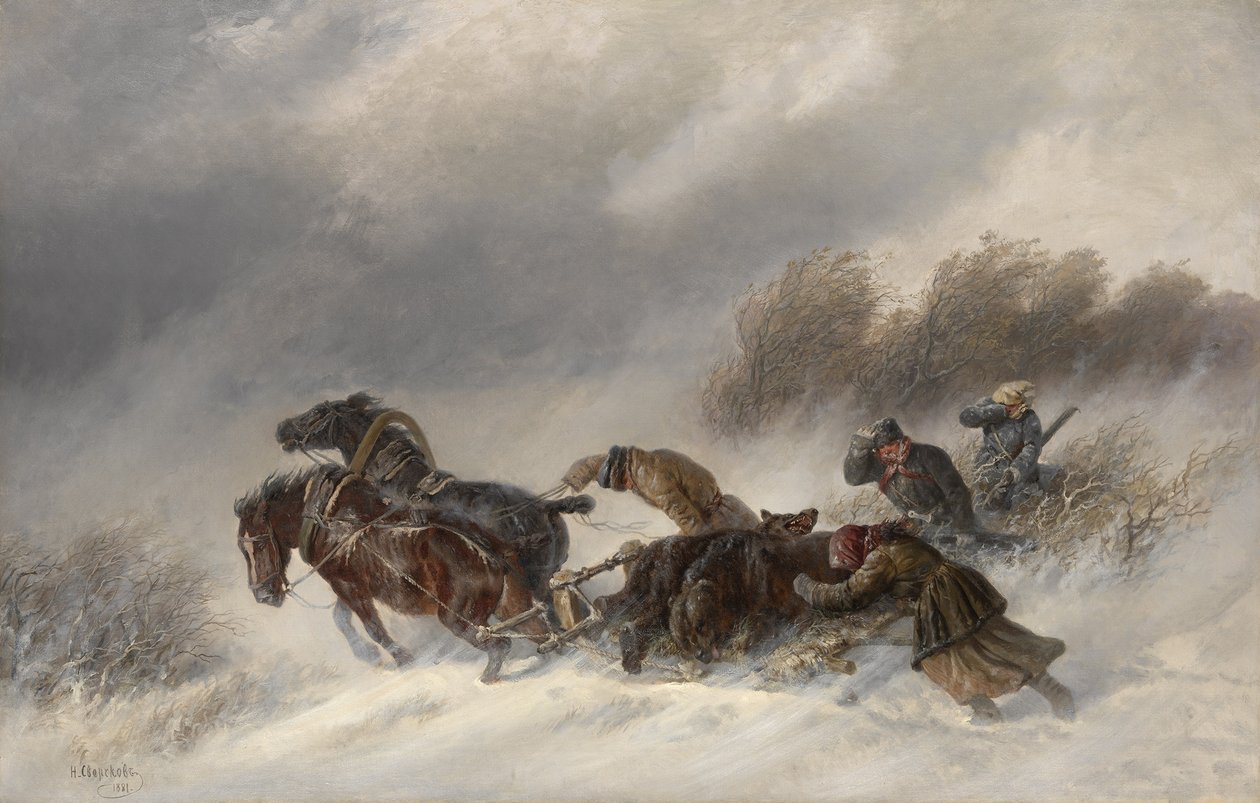 Visszatérve egy medvevadászatból, 1881 alkotó: Nikolai Yegorovich Sverchkov