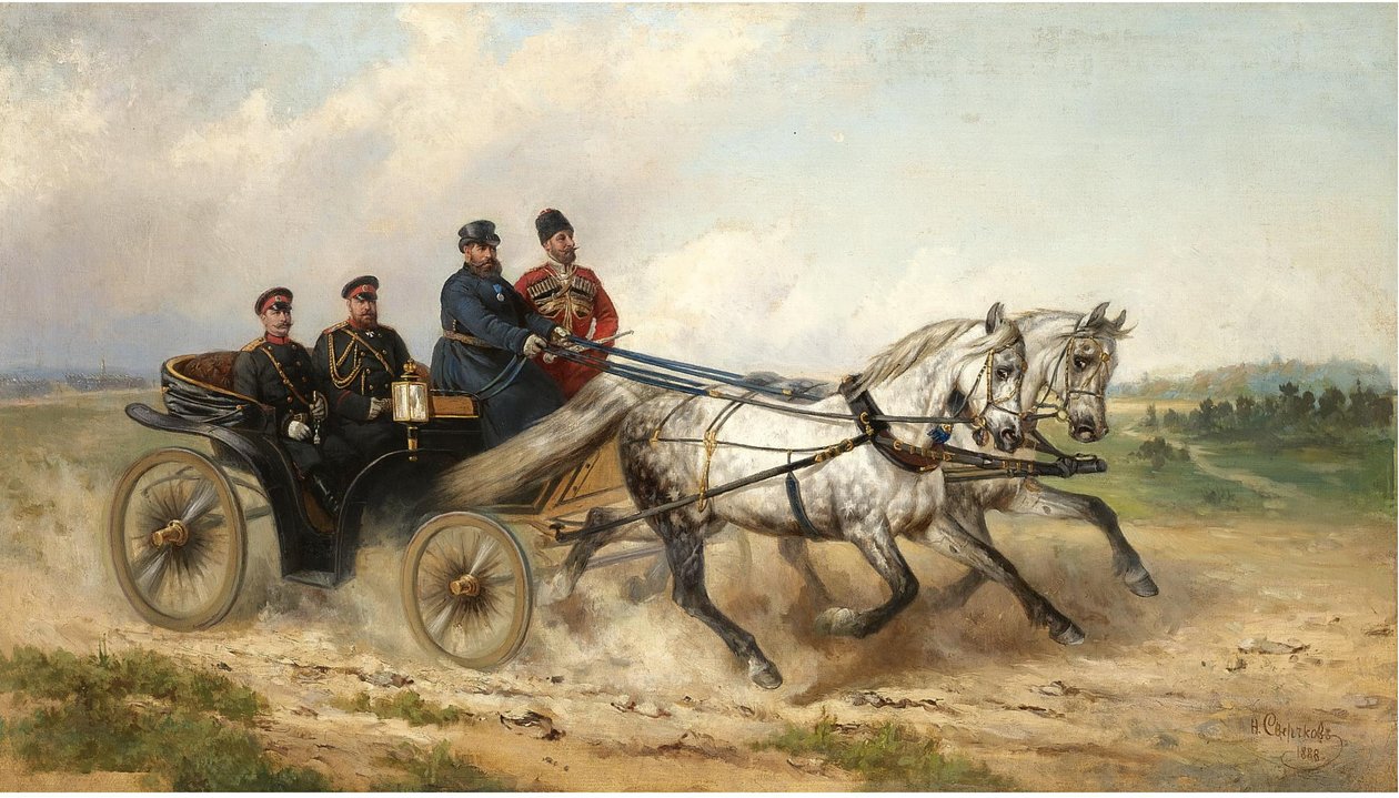 III. Sándor cár és II. Vilmos császár egy landauban, 1888 alkotó: Nikolai Yegorovich Sverchkov