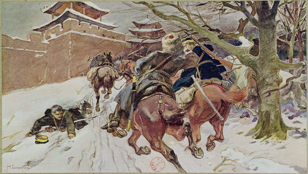 Lovasság bevetése Mukdennél, 1905. február 25. 1907. alkotó: Nikolaj Semenovic Samokis