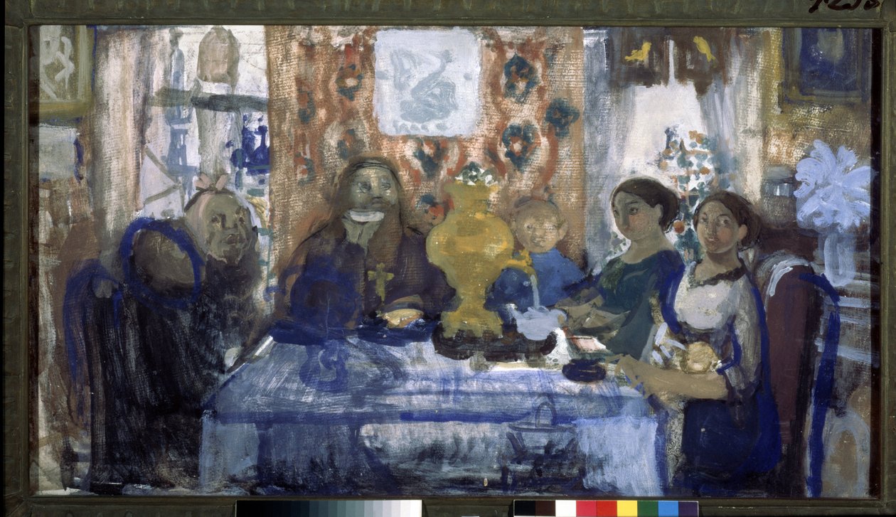 Teát inni. Egy család egy asztal körül gyűlt össze, közepén egy szamovárral. Nyikolaj Nyikolajevics Sapunov (Szapunov) (1880-1912) munkája, tempera kartonon alkotó: Nikolaj Nikolaevic Sapunov
