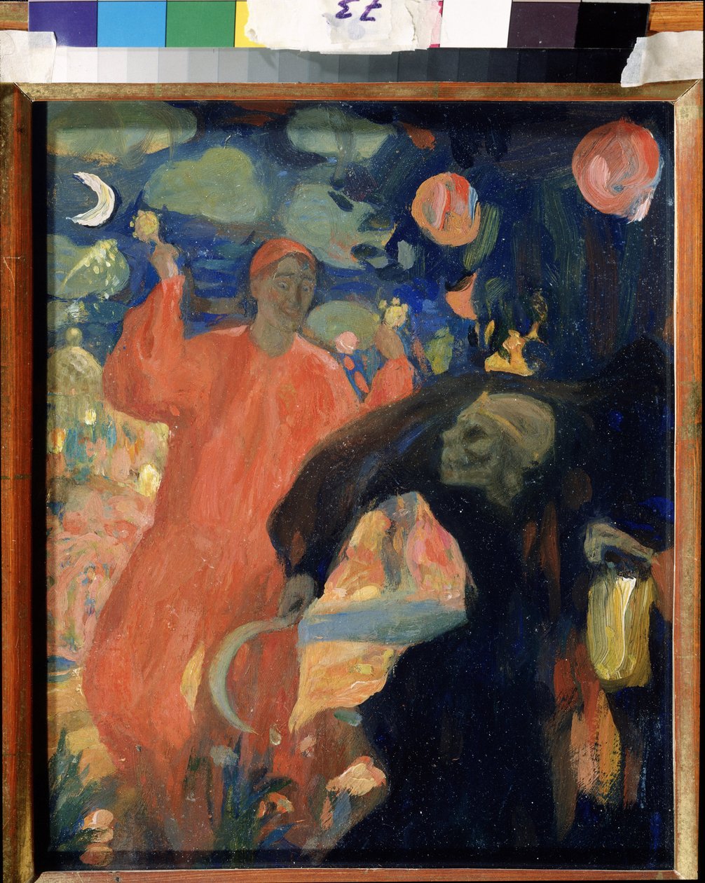 Nyikolaj Szapunov (Szapunov) (1880-1912) emlékére (N. Sapunov emlékére). A halál megszemélyesítette meghajlását és elmenekülését egy mosolygó életalak, integető maracasok előtt. Nicolas (Nikolaj) Dimitrievich Millioti (1874-1962) munkája, olaj, kártya alkotó: Nikolaj Nikolaevic Sapunov