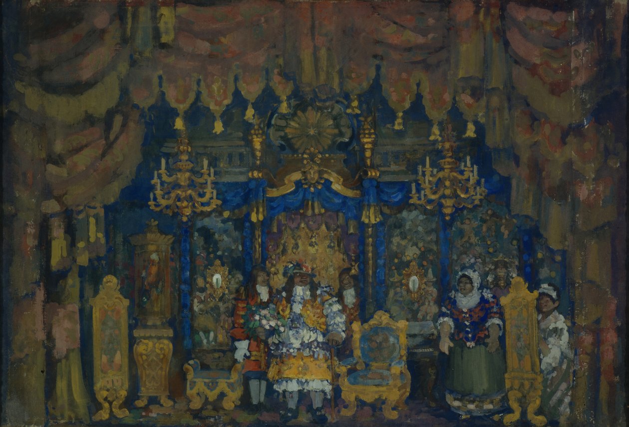 Jourdains szoba. Színpadtervező J.-B. Egy polgár, mint nemes című színházi darabhoz. Moliere, 1911 alkotó: Nikolaj Nikolaevic Sapunov