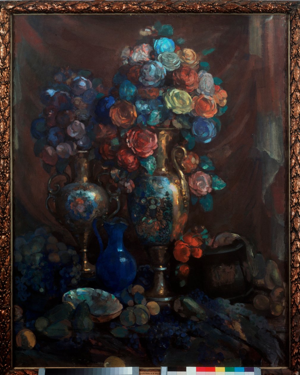 Nature morte (Vázák, fleurs és gyümölcsök) - Csendélet (Vázák, virágok és gyümölcsök) - Nyikolaj Nyikolajevics Sapunov (Szapunov) (1880-1912) alkotásai, tempera, vászon alkotó: Nikolaj Nikolaevic Sapunov