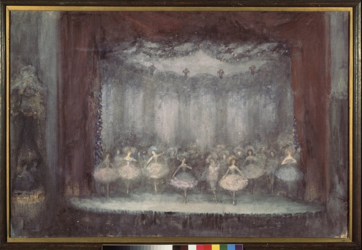 Egy balett. (Színházi jelenet balerinákkal tutuban). Nyikolaj Nyikolajevics Sapunov (Szapunov) (1880-1912) munkája, tempera, kréta, ezüst és bronz kartonon alkotó: Nikolaj Nikolaevic Sapunov