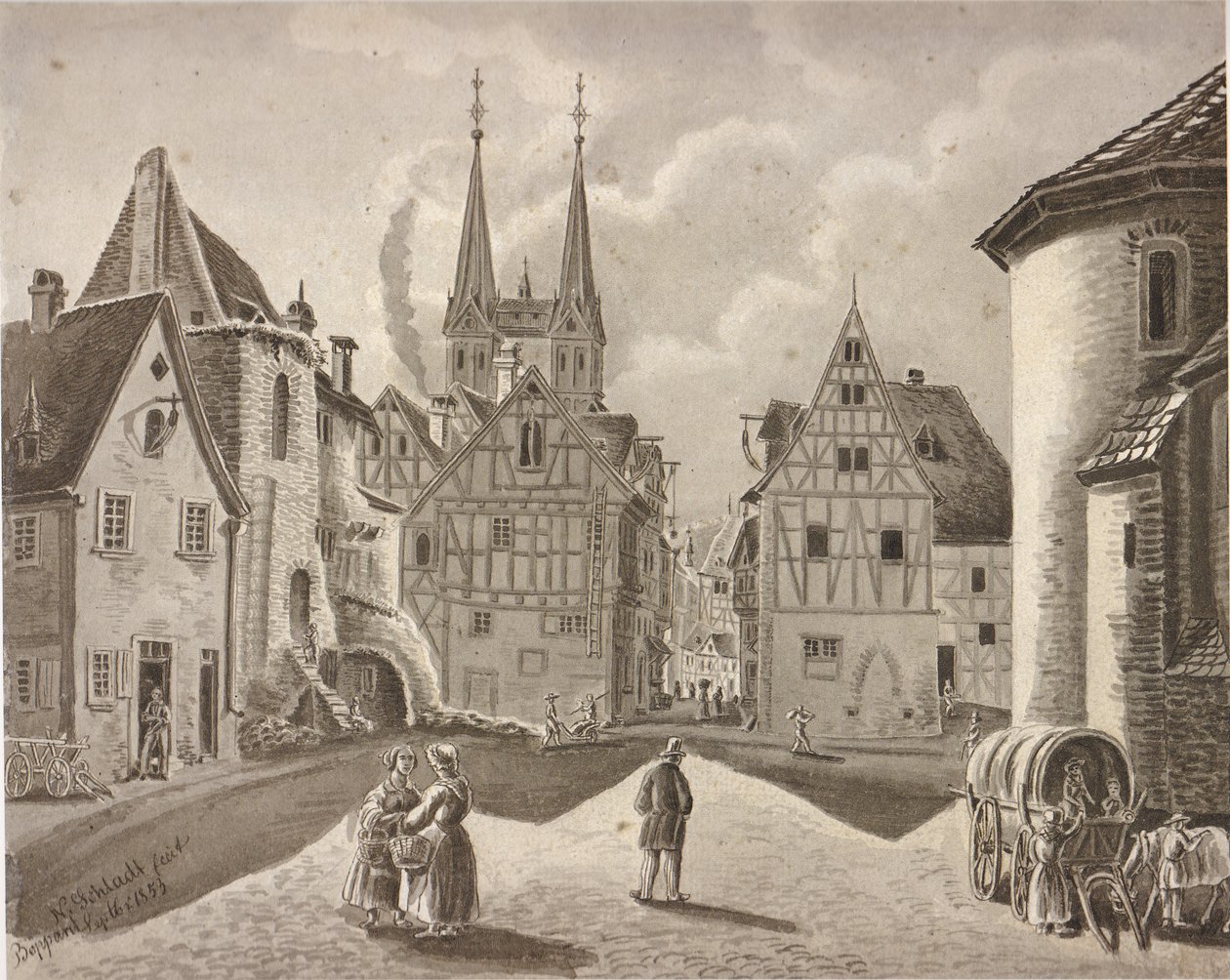A Burgplatz 1853 körül a boppardi választói vár előtt alkotó: Nikolaus Schlad