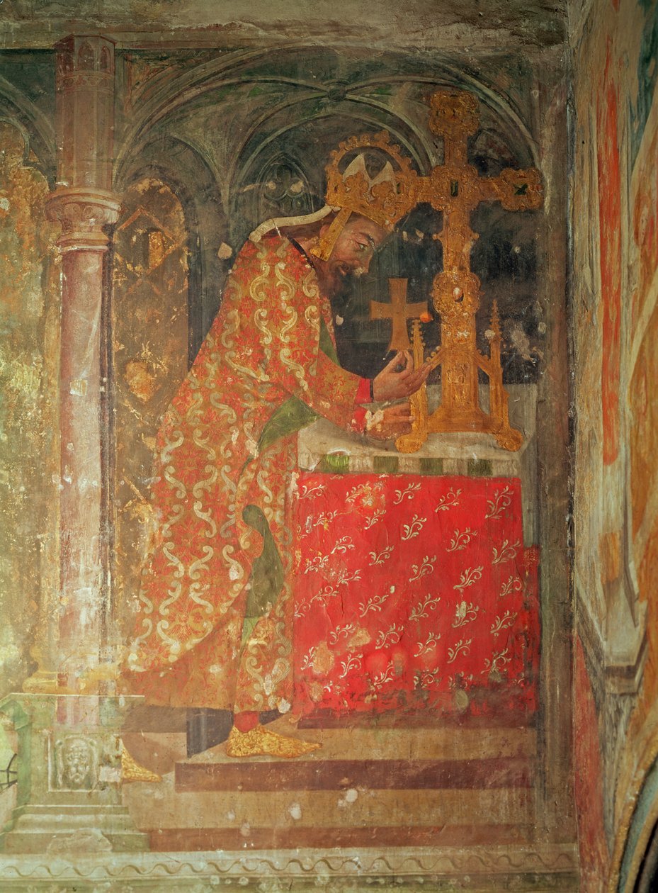 IV. Károly római római császár a Krisztus koronájáról származó tövis ereklyéjét helyezi egy ereklyetartóba, a Szűzanya kápolnából, 1357-60 (lásd még: 204541 és 204544) alkotó: Nikolaus Wurmser