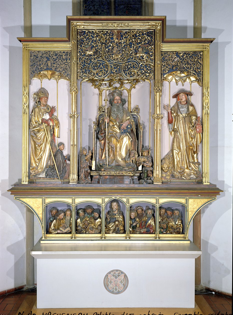 Fából készült szoborcsoport, az Isenheimi oltárképből, 1490 körül (aranyozott fa) alkotó: Nikolaus Hagenauer