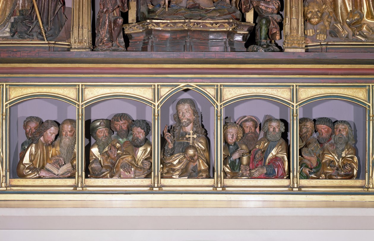 Krisztus és a tizenkét apostol fafaragása az isenheimi oltárkép retabellájának predellájáról, 1490 körül (festett fa). alkotó: Nikolaus Hagenauer