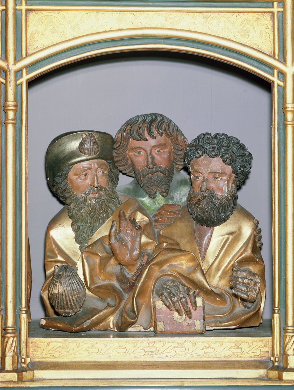 Nagy Szent Jakab, Szent Simon és Szent Tádé fafaragások az isenheimi oltárkép predellájáról, 1490 körül (festett fa). alkotó: Nikolaus Hagenauer
