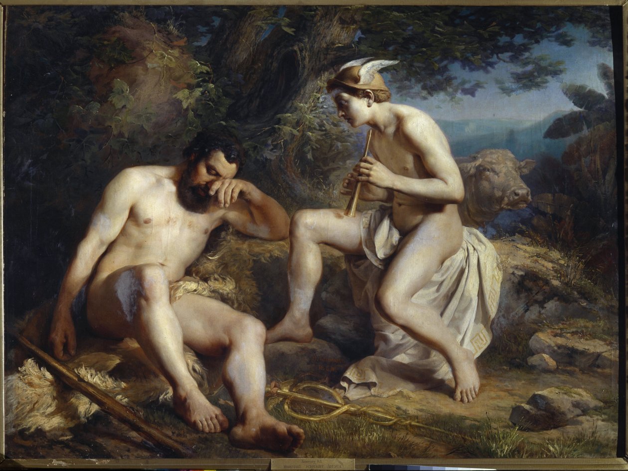 Mercury and Argus - Mercury Lulling Argus Sleep - Koshelev, Nikolai Andreyevich (1840-1918) - 1864 - Olaj, vászon - 138x179 - Museum of Fine Arts Academy, Szentpétervár. Szentpétervár alkotó: Nikolay Andreyevich Koshelev