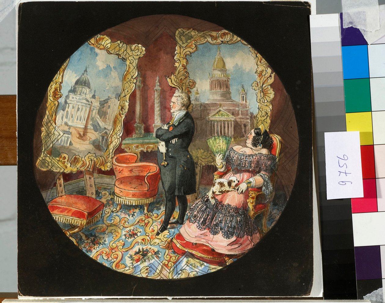 Auguste Ricard de Montferrand építész (1786-1858) és felesége a nappalijukban, büszkén szemlélve néhány művét ábrázoló festményt – Nicolas Benois (1813-1898) rajza alkotó: Nikolay Benois