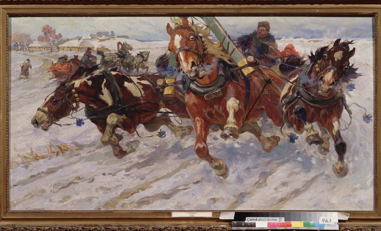 Trojka (szán három lóval). Nyikolaj Szemjonovics Samokish (1860-1944) festménye, olaj, vászon alkotó: Nikolay Semenovich Samokish