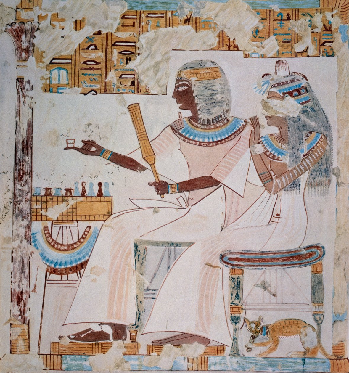 Neferrompet és felesége sakkozik, a freskó másolata Neferrompet sírjából, Théba, II. Ramesszész uralkodásának idejéből, az Ancient Egyptian Paintings lemezéről, Nina Davies által készített kép alkotó: Nina de Garis Davies