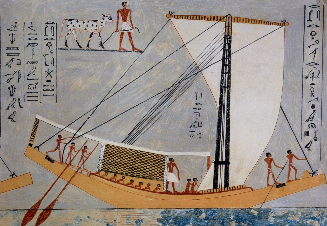 Vitorlás és evezők, freskó másolata a Kaemronkh VI. sírjából, Gíza, 4. dinasztia, az Ancient Egyptian Paintings lemezéről, készítette Nina Davies. alkotó: Nina de Garis Davies