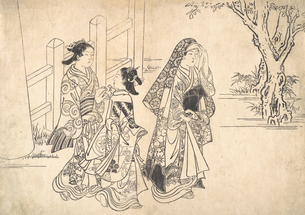 Egy udvarhölgy, akit két lánykísérő követ, kb. 1690-1751. alkotó: Nishikawa Sukenobu
