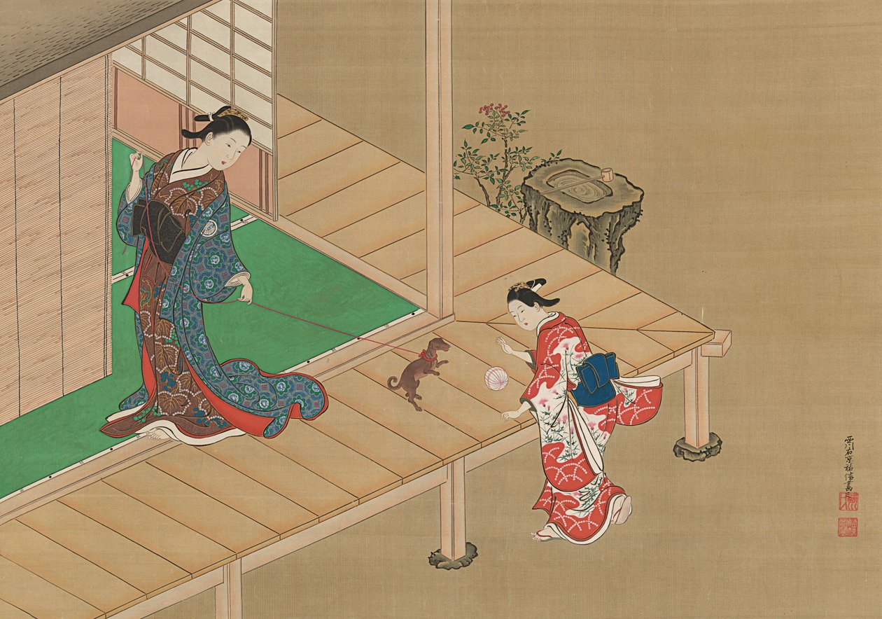 Kutyával játszó udvarhölgy és kísérő, kb. 1716-1736. alkotó: Nishikawa Sukenobu