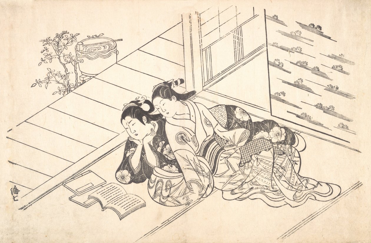 Két nő egy szoba padlóján fekszik és könyvet olvas, kb. 1730., kb. 1730. alkotó: Nishikawa Sukenobu