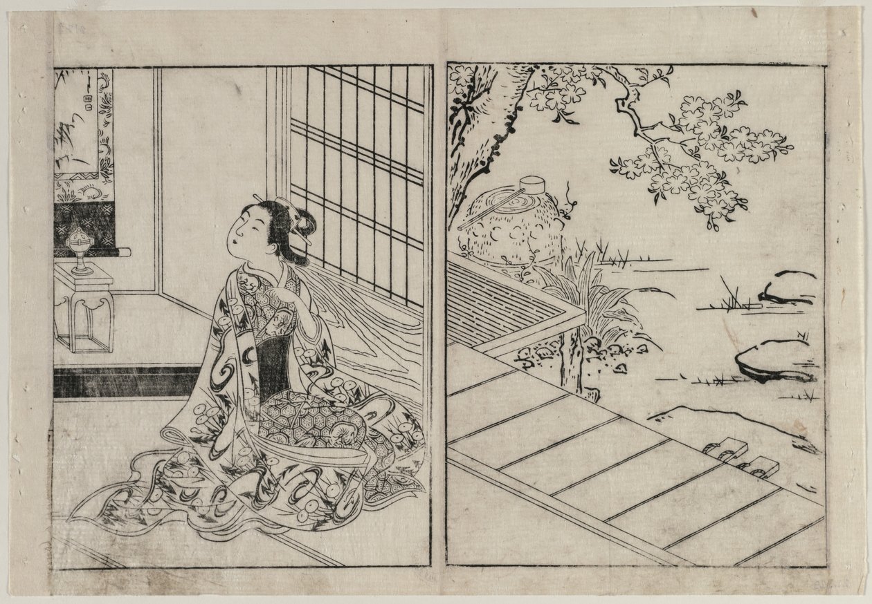Nő néz egy függő tekercset, c. 1740-es évek. alkotó: Nishikawa Sukenobu