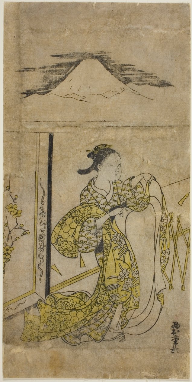 Nő, aki kimonót tart fent a Fuji-hegyen alkotó: Nishimura Shigenaga