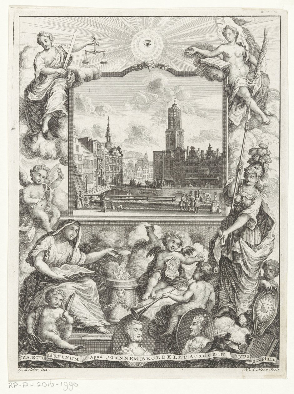 Stadsgezicht met Domkerk te Utrecht en allegorie met Utrechtse stedenmaagd Titelpagina voor: Elias de Vries, Dissertatio juridica, de jure naturale ac gentium, seu duobus prioribus juris fontibus, 1745. alkotó: Noach van der Meer (I)