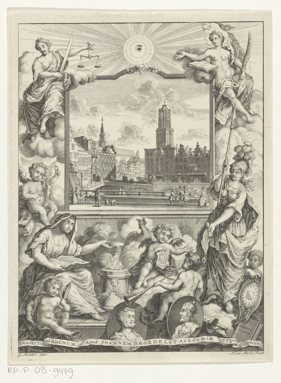 Stadsgezicht met Domkerk te Utrecht en allegorie met Utrechtse stedenmaagd Titelpagina voor: Elias de Vries, Dissertatio juridica, de jure naturale ac gentium, seu duobus prioribus juris fontibus, 1745. alkotó: Noach van der Meer (I)