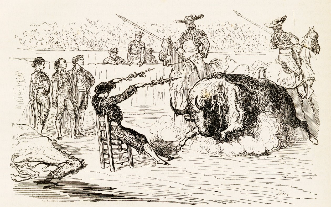 Egy spanyol banderillero, aki székben ülve helyezi el a banderillákat, 1878 (fametszet) alkotó: Noel Eugene Sotain