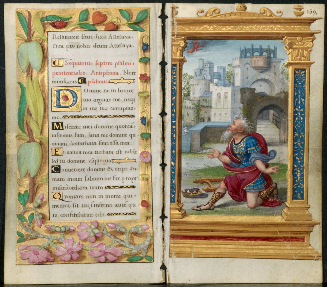 Szomszédos levelek egy órakönyvből: Bűnbánati zsoltárok és Dávid király az imádságban..., c. 1530-35. alkotó: Noel Bellemare