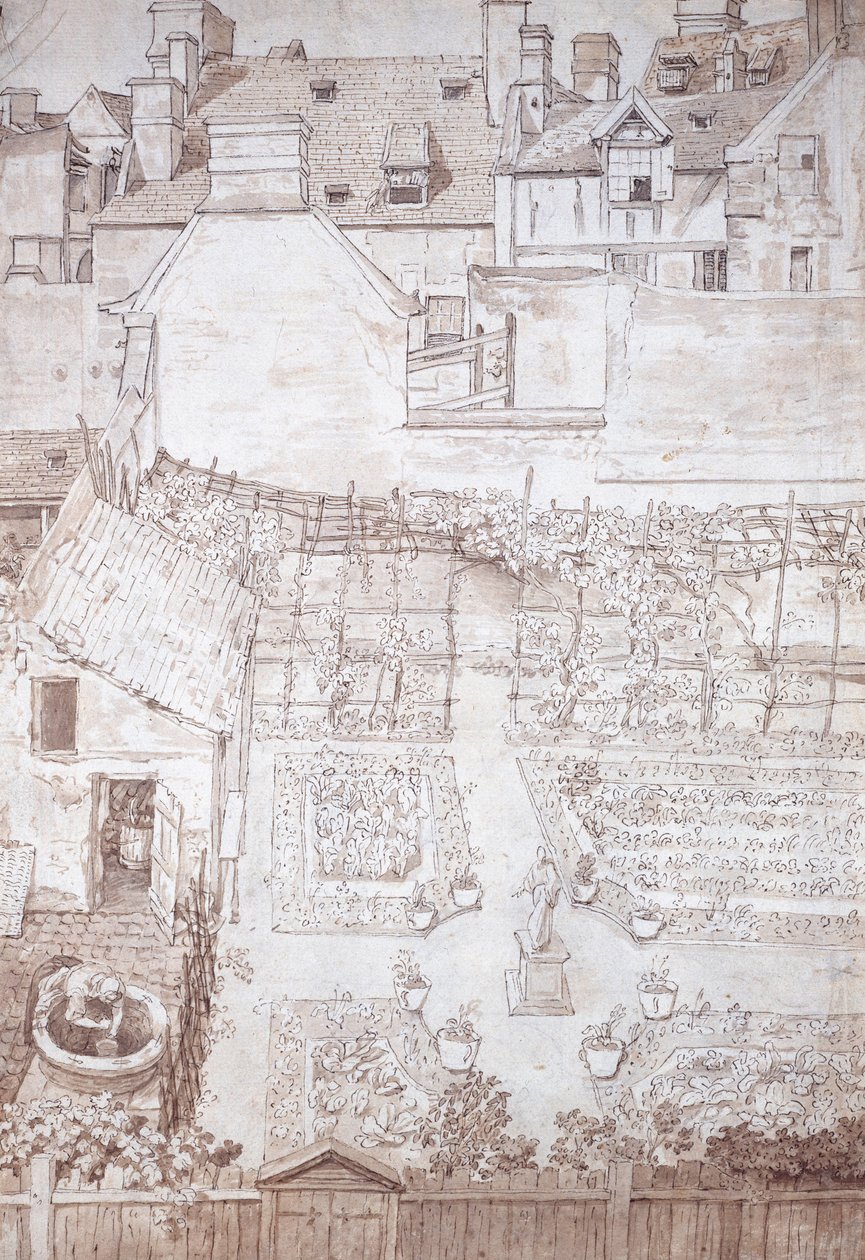 Egy városi ház kertje parterrel és szőlőlugassal, épületekkel körülvéve, 1677 körül (toll és barna tinta barna mosással) alkotó: Noel Gasselin