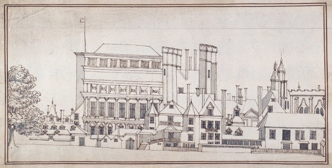 Whitehall a Holbein-kapuval és Inigo Jones bankettházával, 1677 körül (toll és barna tinta szürke mosással) alkotó: Noel Gasselin