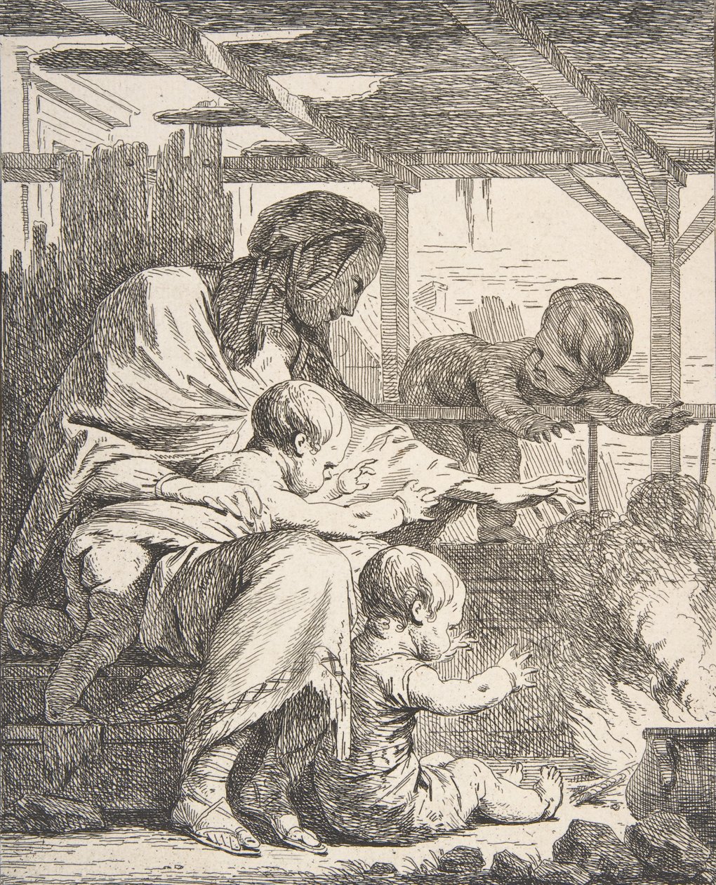 Tűz mellett kezet melegítő család, 18. század., 18. század. alkotó: Noel Halle
