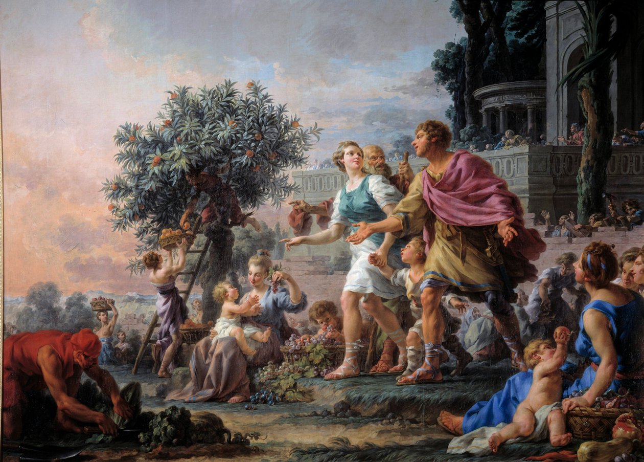 Az athéni Cimon szabadelvűsége felkéri az embereket, hogy vegyék el kertjük gyümölcsét. Karácsony Halle festménye (1711-1781) alkotó: Noel Halle