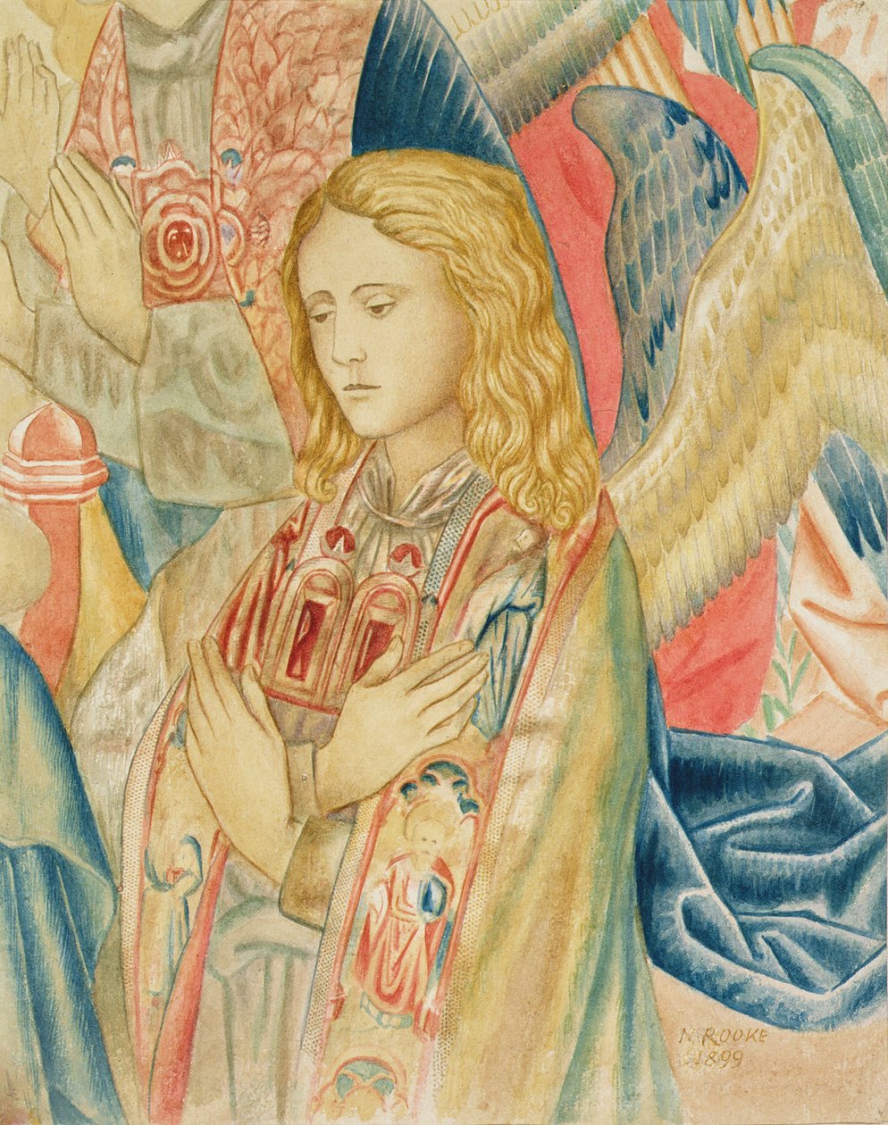 Angyal, a South Kensington Museum (VA) flamand faliszőnyegének részlete után. alkotó: Noel Rooke