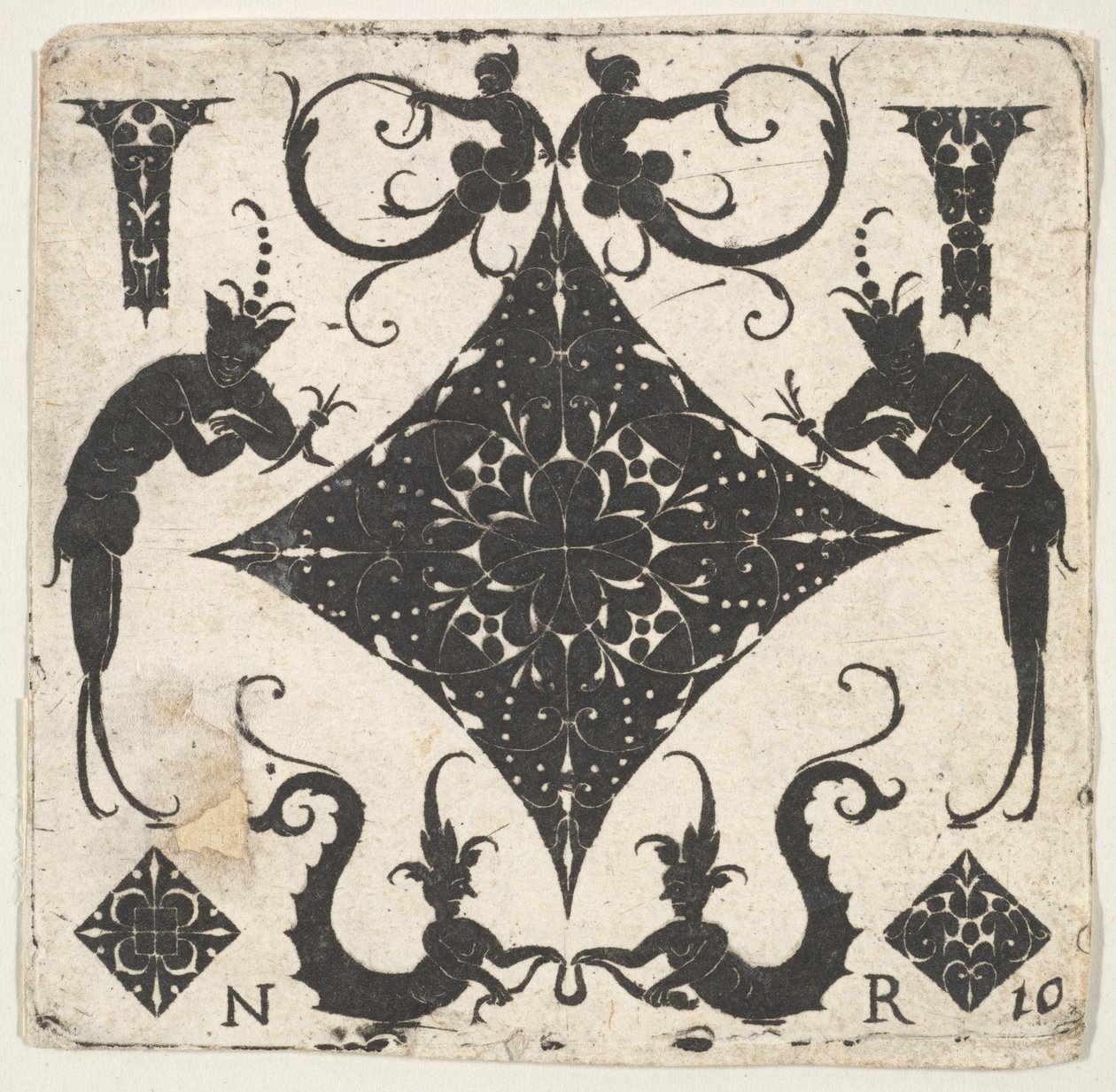 Homorú pasztilla alakú tábla és groteszk figurák, kb. 1620-30. alkotó: Noel Rouillard