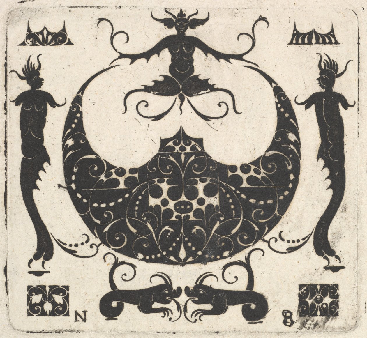Hold alakú gyűrűs keret és groteszk figurák, kb. 1620-30. alkotó: Noel Rouillard