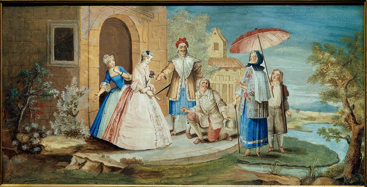 Jean Baptiste Poquelin komikus és drámaíró dit Moliere (egyik térd a földön) és humoristái a Georges Dandin ou le mari összezavarodva””” című darabban 1668-ban. Karácsonyi festmény Coypel (1628-1707) 1668 Jacques Lorcey gyűjtemény alkotó: Noël Coypel