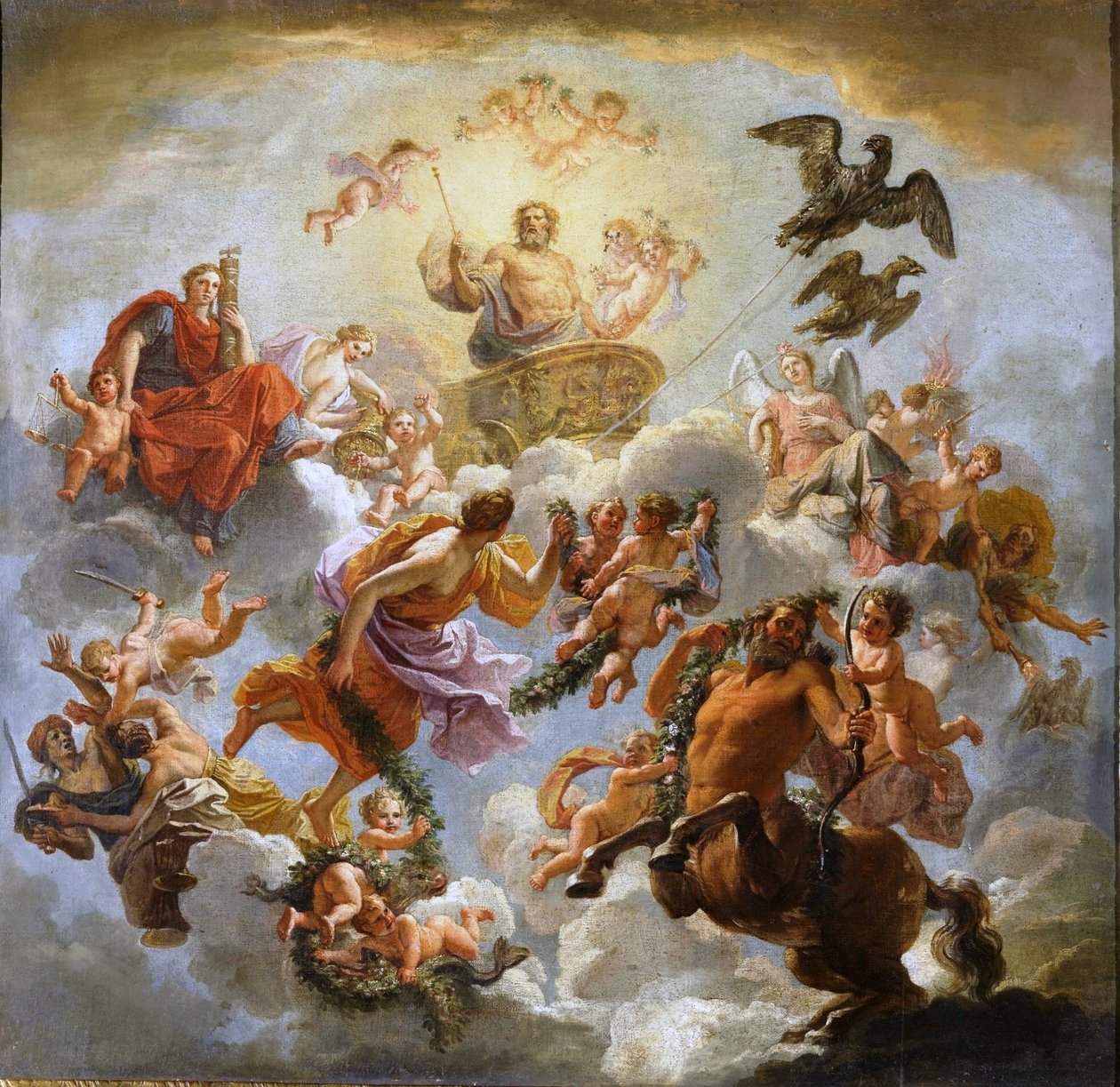 Francia: Jupiter accompagné de la Justice et de la Piété Jupiter Chariot az igazságosság és a jámborság között. alkotó: Noël Coypel