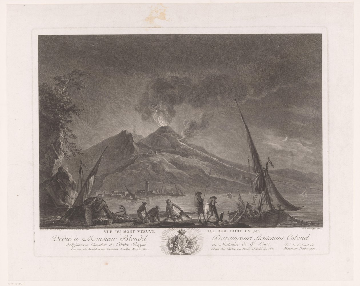 Táj halászokkal és az aktív Vezúv-szal Vue du mont Vesuve tel quil etoit en 1757 (cím a tárgyon) alkotó: Noël Le Mire