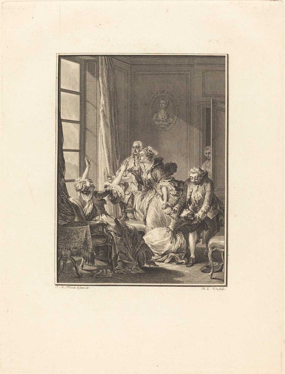 Julie elájul egy karosszékben alkotó: Noël Le Mire after Jean Michel Moreau