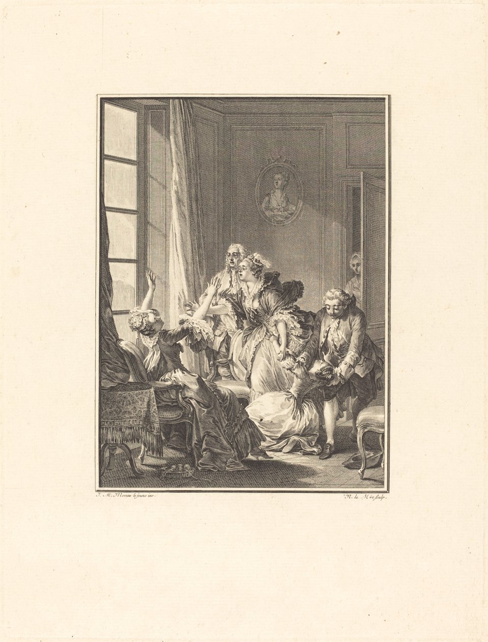 Julie elájul egy karosszékben alkotó: Noël Le Mire after Jean Michel Moreau
